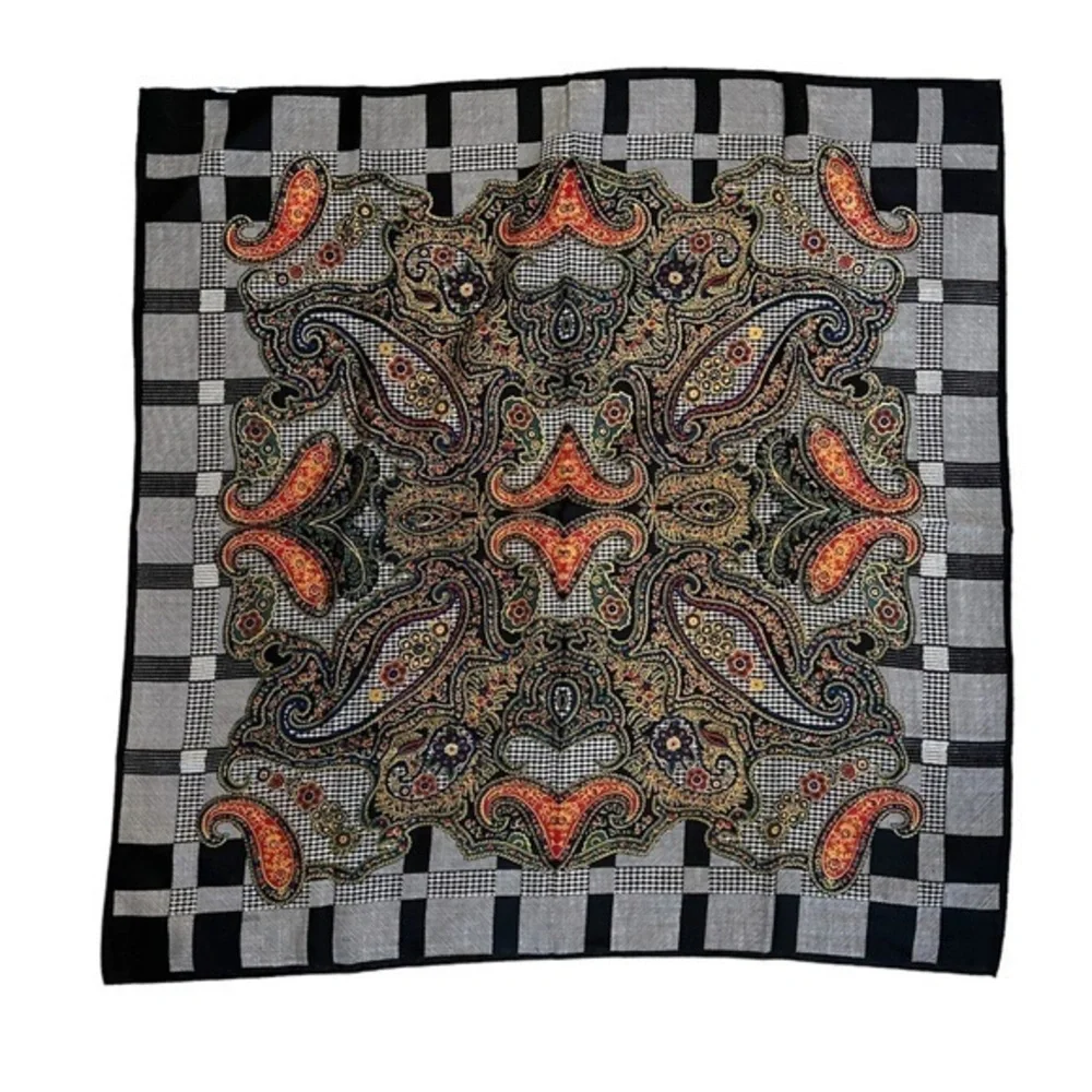 ANN TAYLOR Vintage 100% wool black/ multi plaid & paisley scarf, 34”x34”
